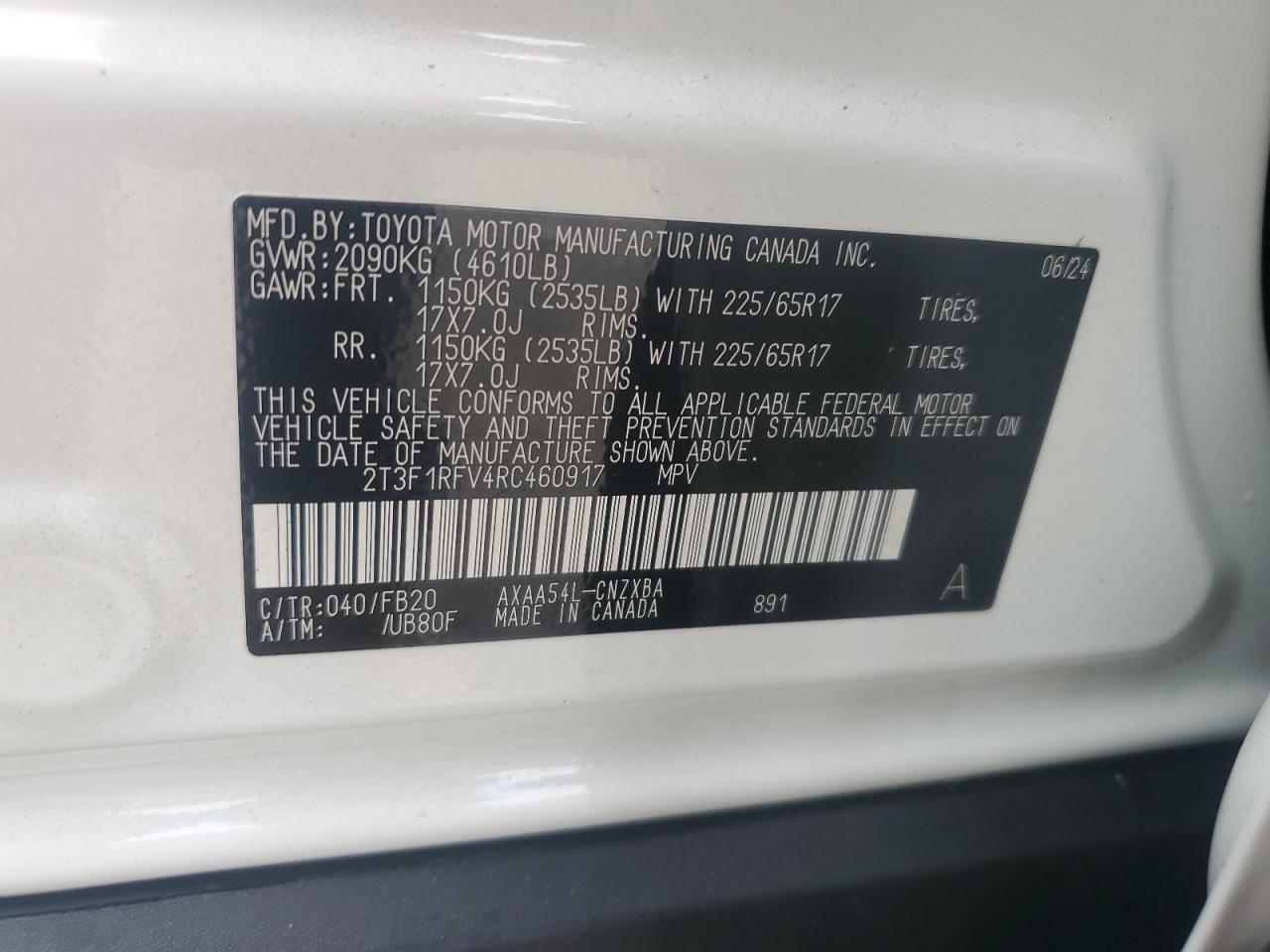 2024 Toyota Rav4 Le VIN: 2T3F1RFV4RC460917 Lot: 85344295