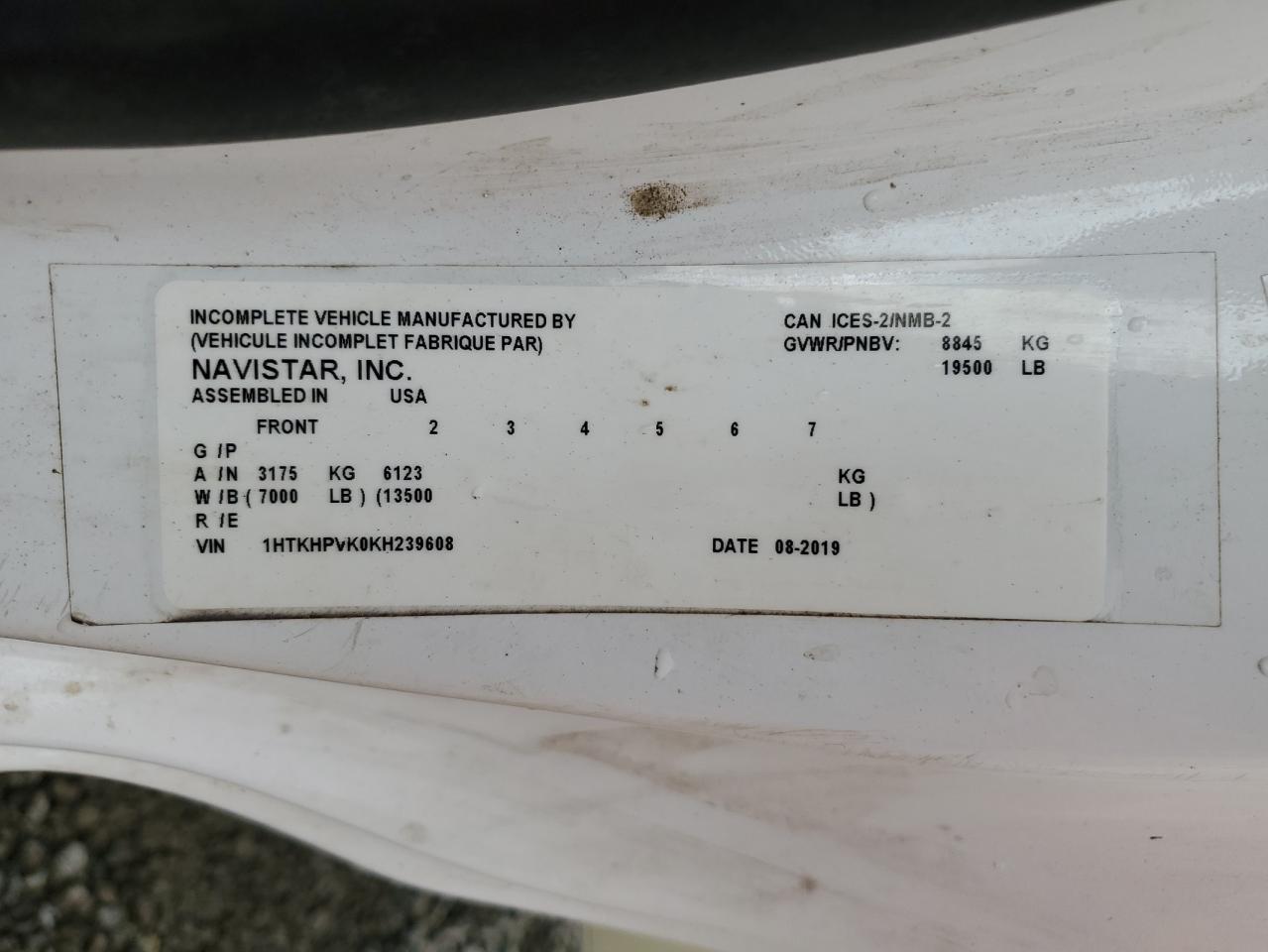 2019 Chevrolet Silverado Medium Duty VIN: 1HTKHPVK0KH239608 Lot: 84830015