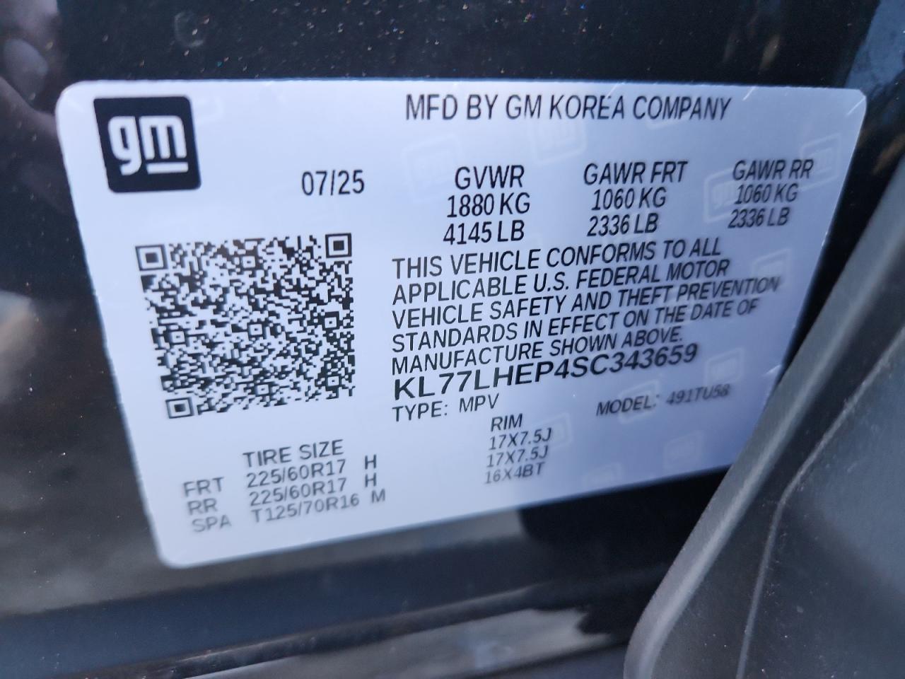 2025 Chevrolet Trax 1Lt VIN: KL77LHEP4SC343659 Lot: 82608105