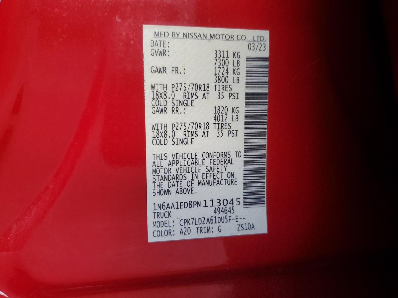 2023 Nissan Titan Sv VIN: 1N6AA1ED8PN113045 Lot: 81945545