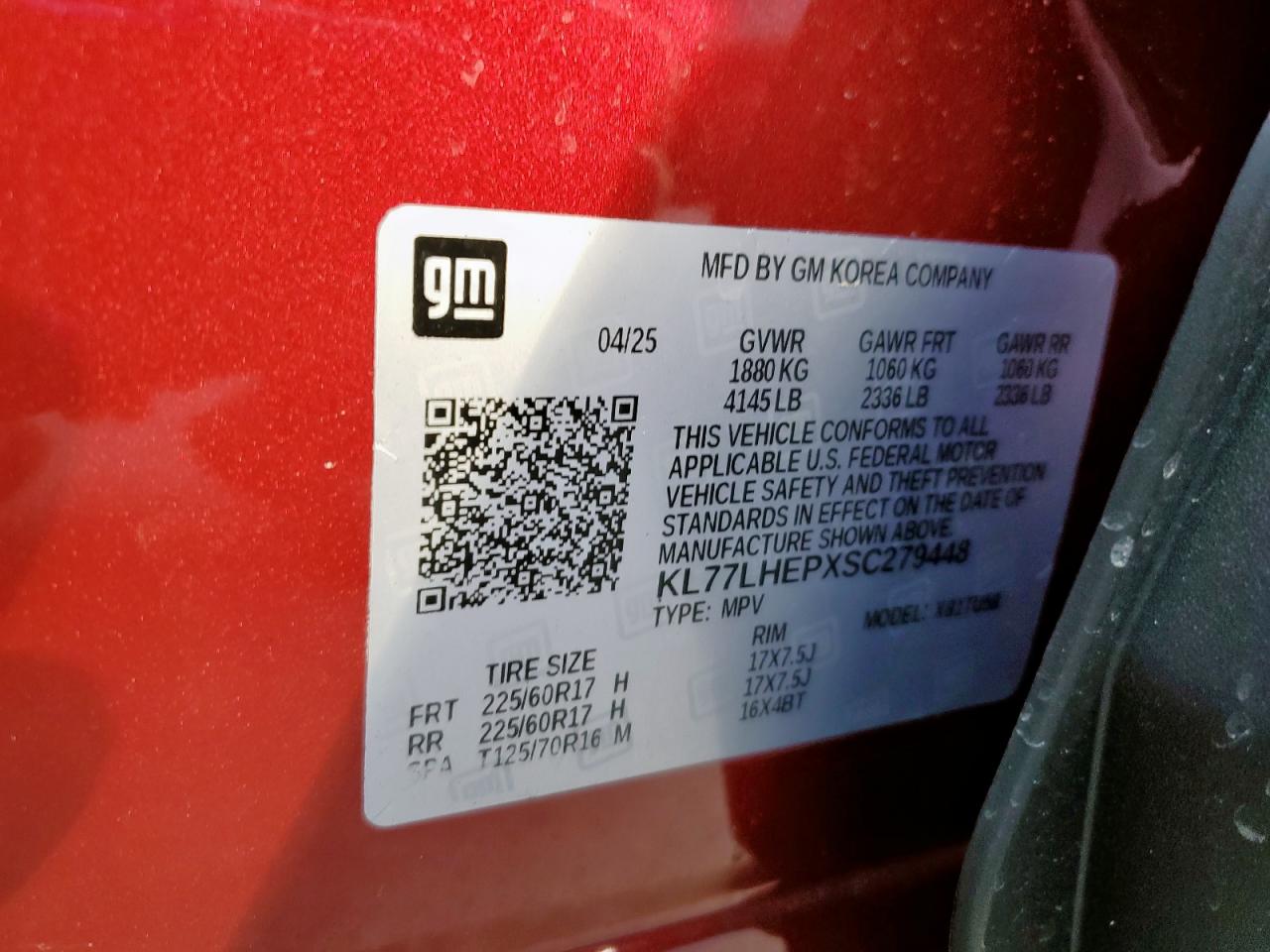 2025 Chevrolet Trax 1Lt VIN: KL77LHEPXSC279448 Lot: 85586835