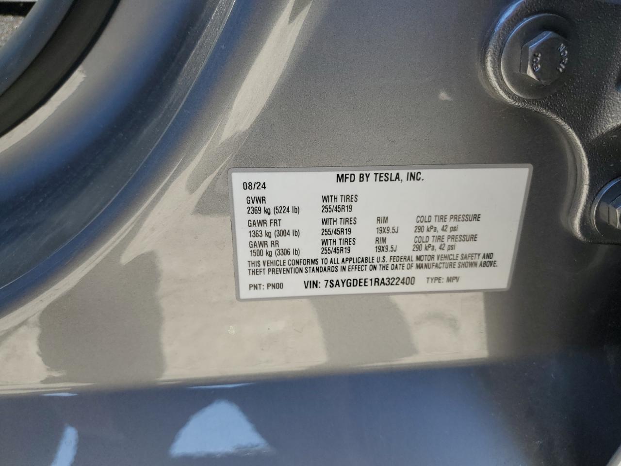 2024 Tesla Model Y VIN: 7SAYGDEE1RA322400 Lot: 87285495