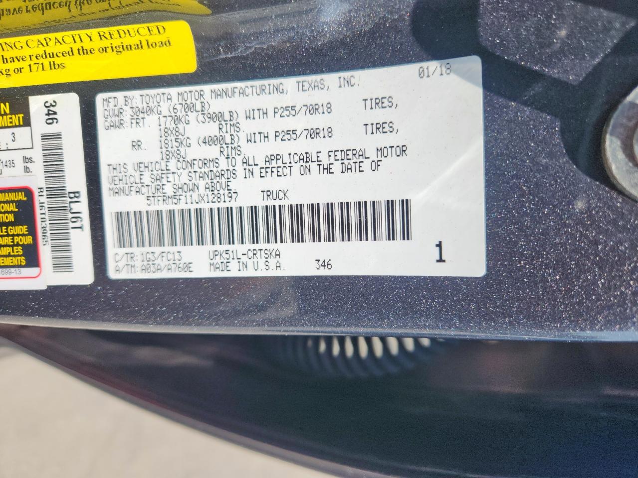 2018 Toyota Tundra Double Cab Sr VIN: 5TFRM5F11JX128197 Lot: 81984505