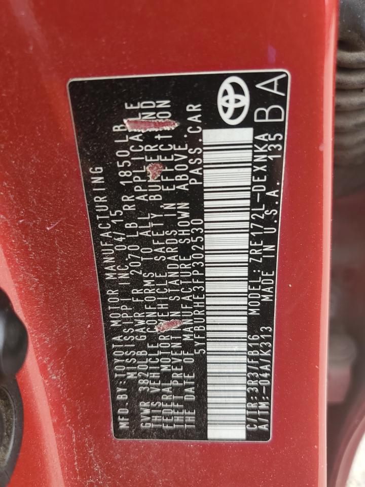 2015 Toyota Corolla L VIN: 5YFBURHE3FP302530 Lot: 84019355