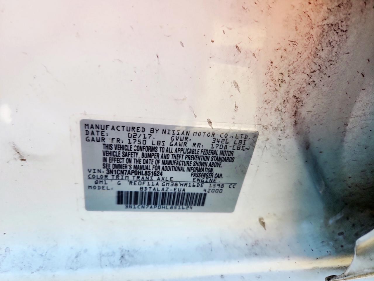 2017 Nissan Versa S VIN: 3N1CN7AP0HL851624 Lot: 90584615