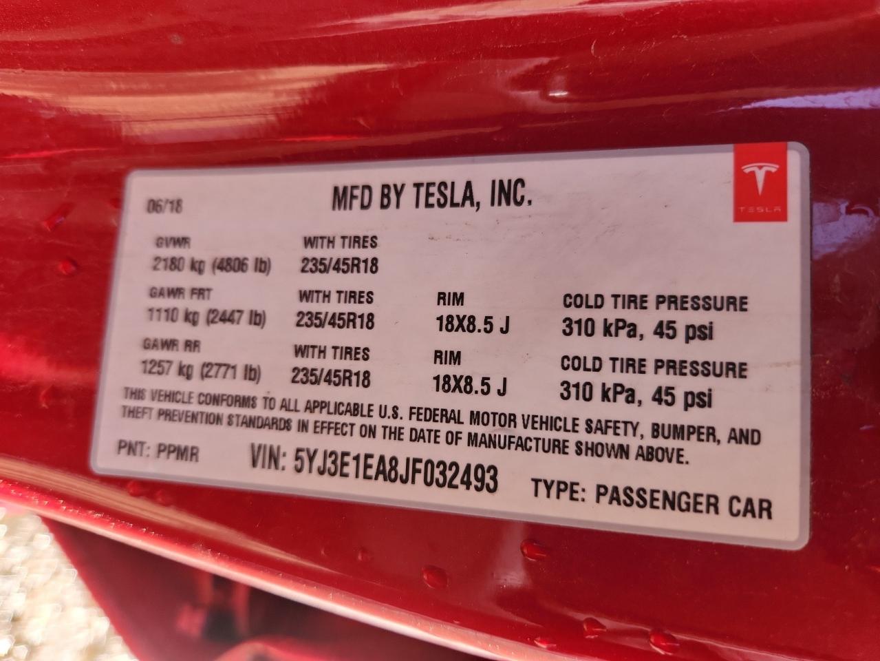 2018 Tesla Model 3 VIN: 5YJ3E1EA8JF032493 Lot: 83970295