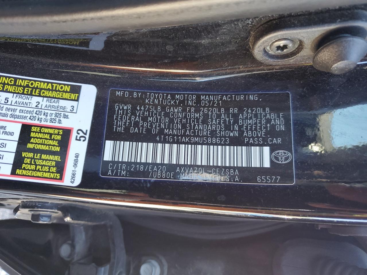 2021 Toyota Camry Se VIN: 4T1G11AK9MU588623 Lot: 85543925