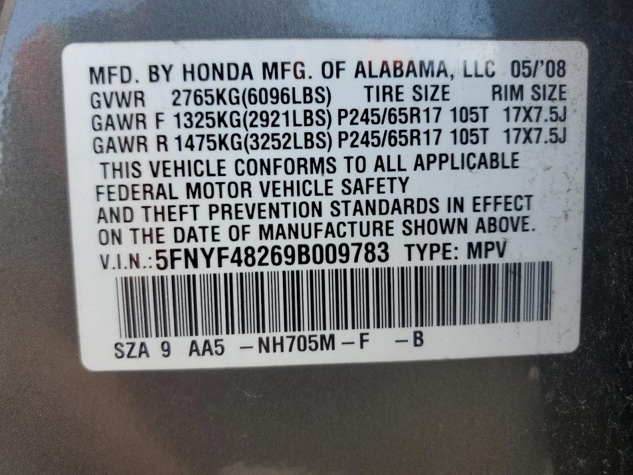 2009 Honda Pilot Lx VIN: 5FNYF48269B009783 Lot: 81909175
