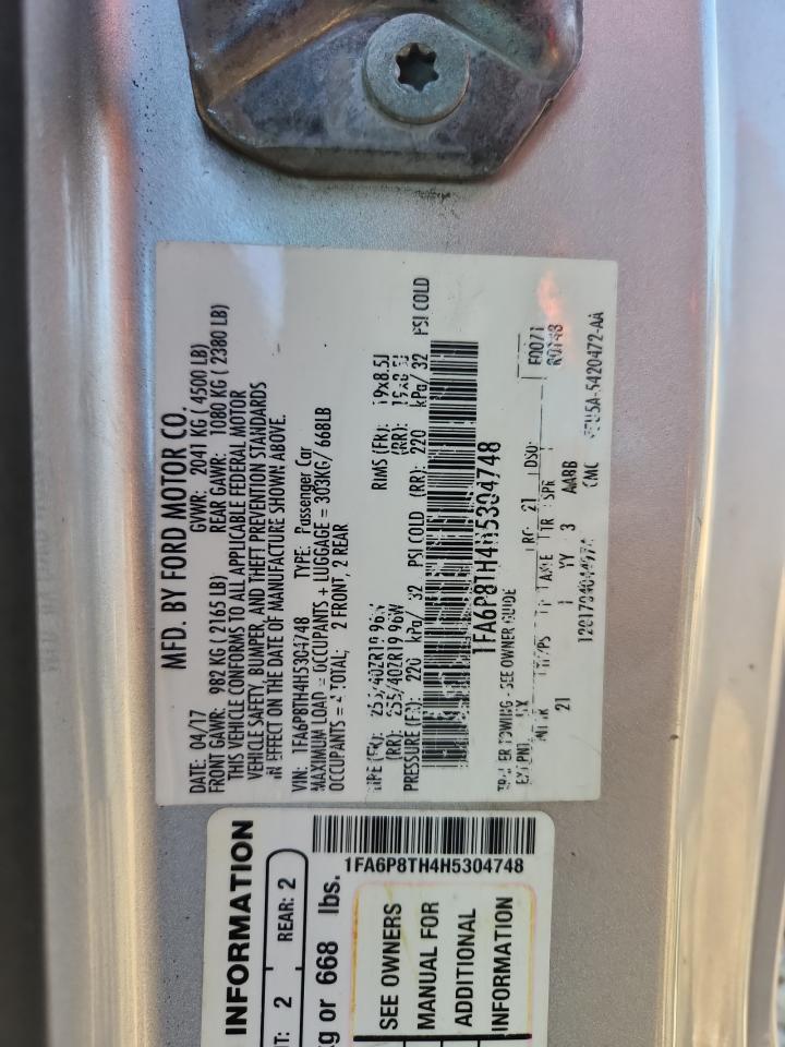 2017 Ford Mustang VIN: 1FA6P8TH4H5304748 Lot: 89867555