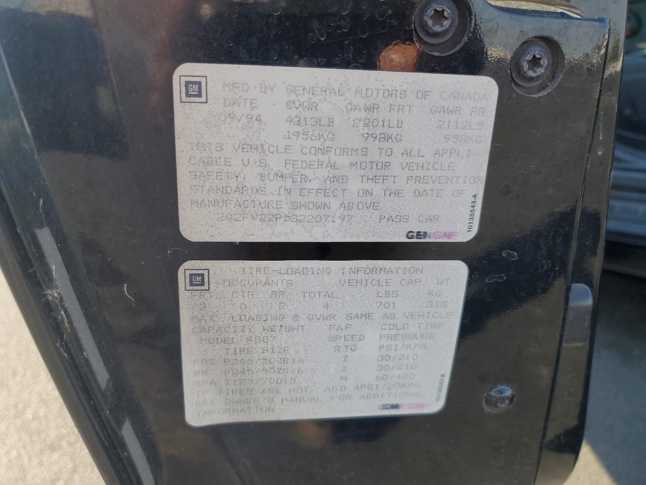 1995 Pontiac Firebird Formula VIN: 2G2FV22P5S2207197 Lot: 87125185