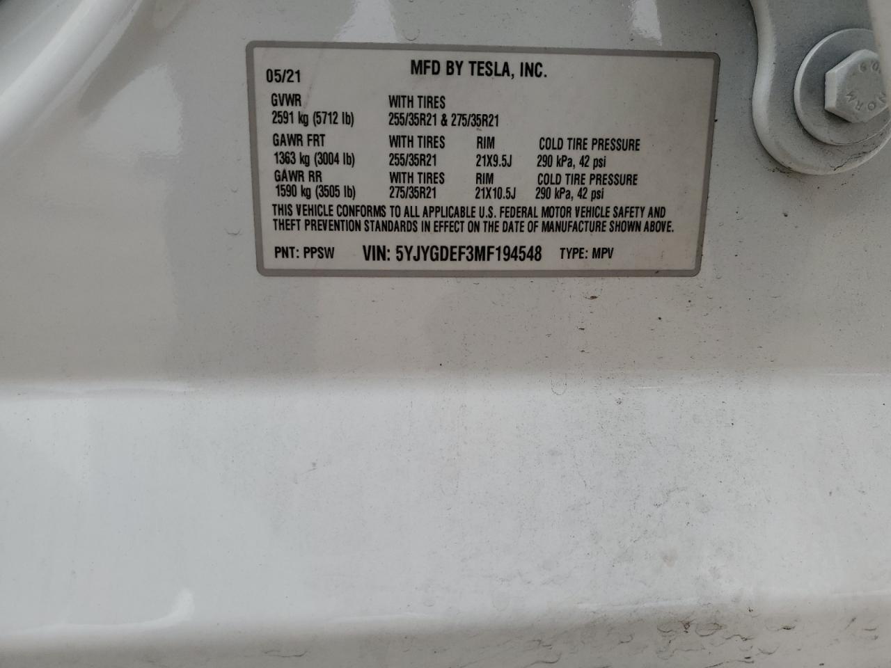 2021 Tesla Model Y VIN: 5YJYGDEF3MF194548 Lot: 86505535