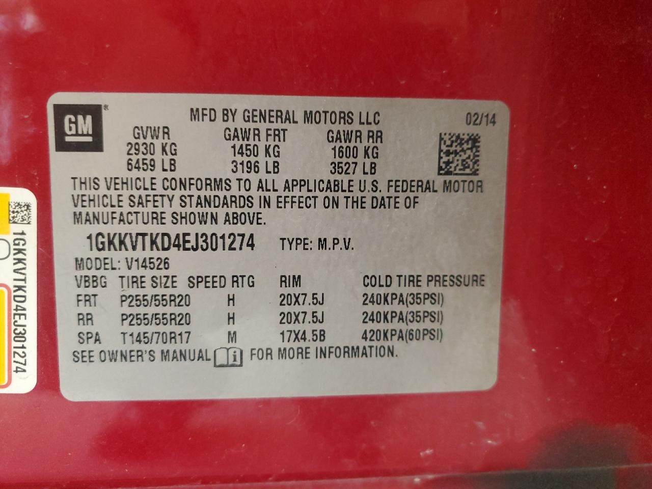 2014 GMC Acadia Denali VIN: 1GKKVTKD4EJ301274 Lot: 84813015