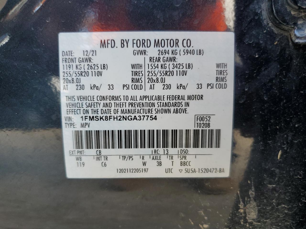 2022 Ford Explorer Limited VIN: 1FMSK8FH2NGA37754 Lot: 82335785