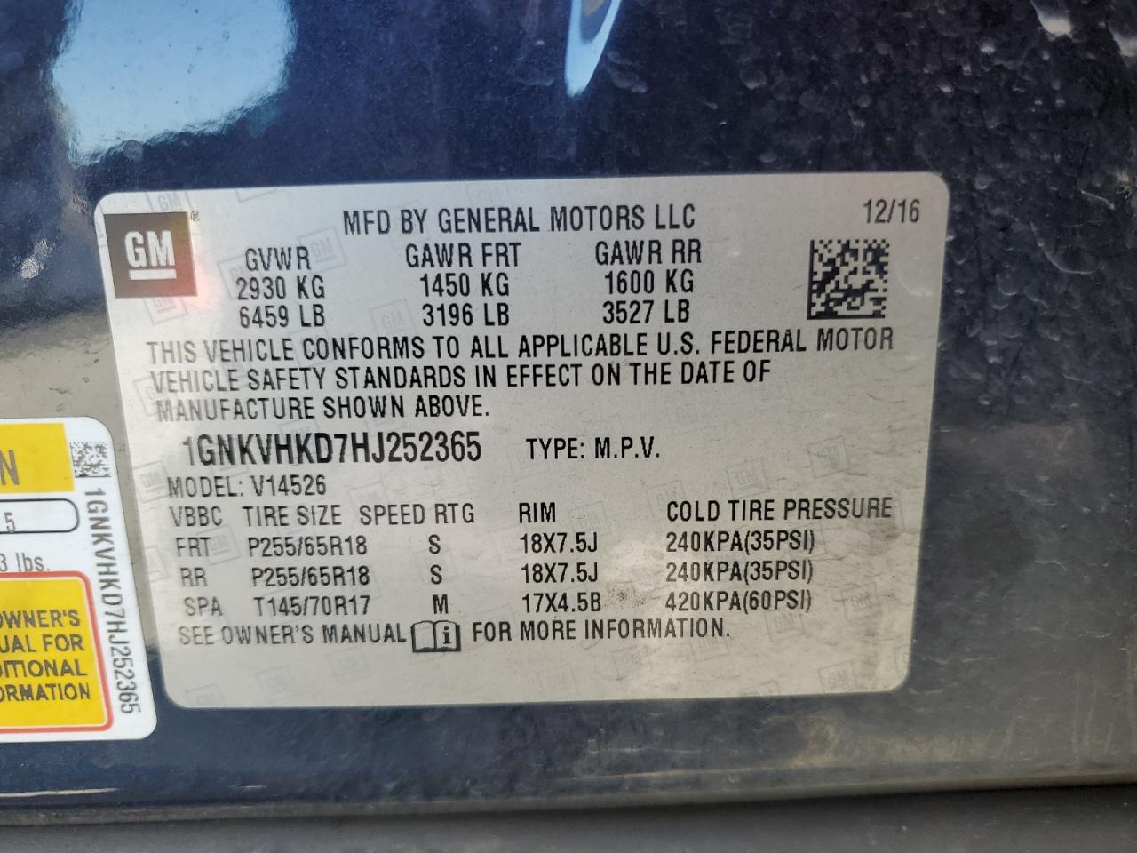 2017 Chevrolet Traverse Lt VIN: 1GNKVHKD7HJ252365 Lot: 89552665