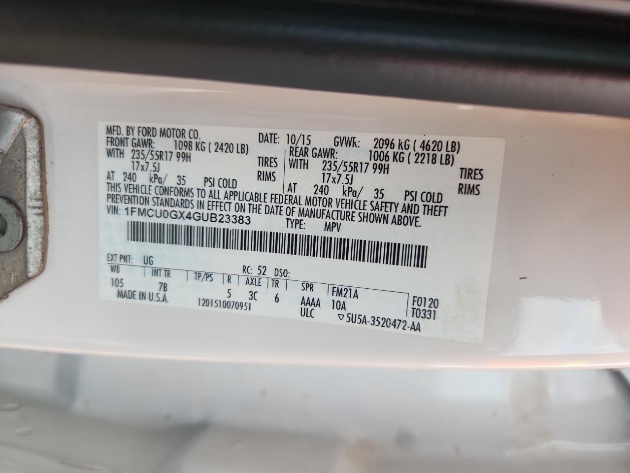 2016 Ford Escape Se VIN: 1FMCU0GX4GUB23383 Lot: 85841175