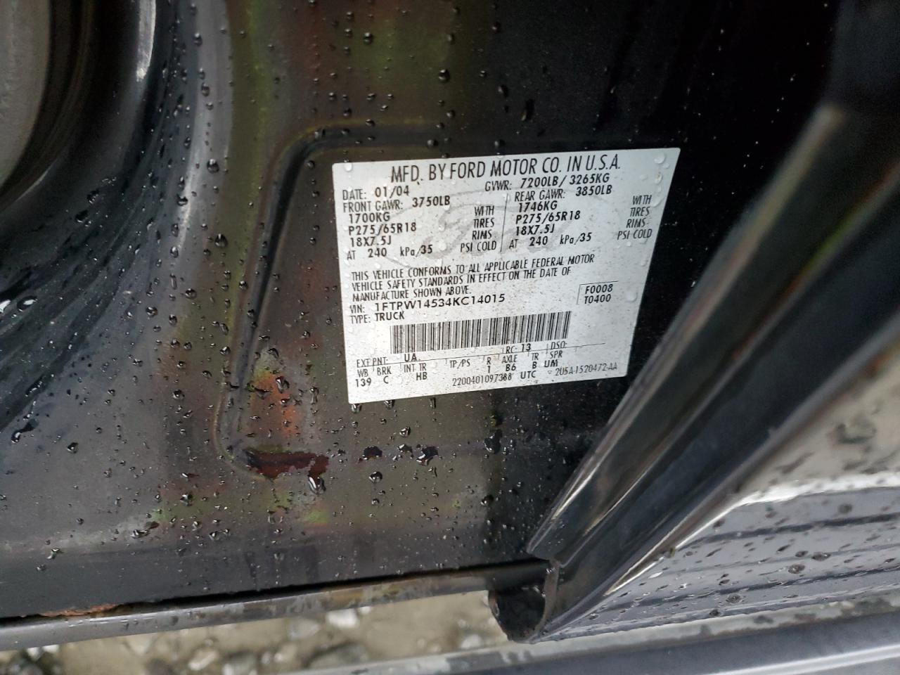 2004 Ford F150 Supercrew VIN: 1FTPW14534KC14015 Lot: 89889105