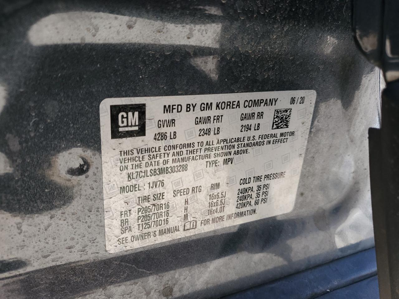 2021 Chevrolet Trax 1Lt VIN: KL7CJLSB3MB303288 Lot: 90687645