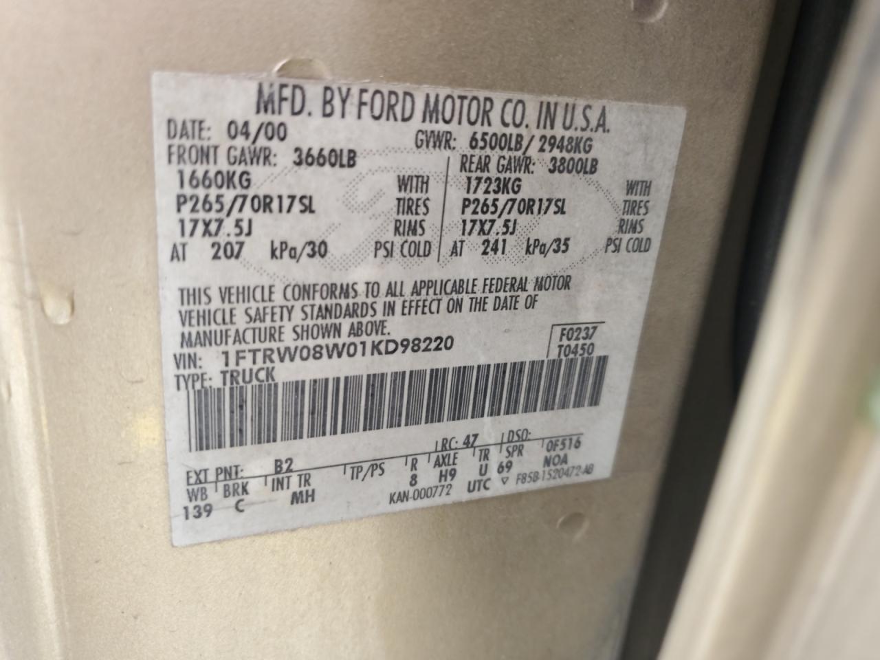 2001 Ford F150 Supercrew VIN: 1FTRW08W01KD98220 Lot: 84268735