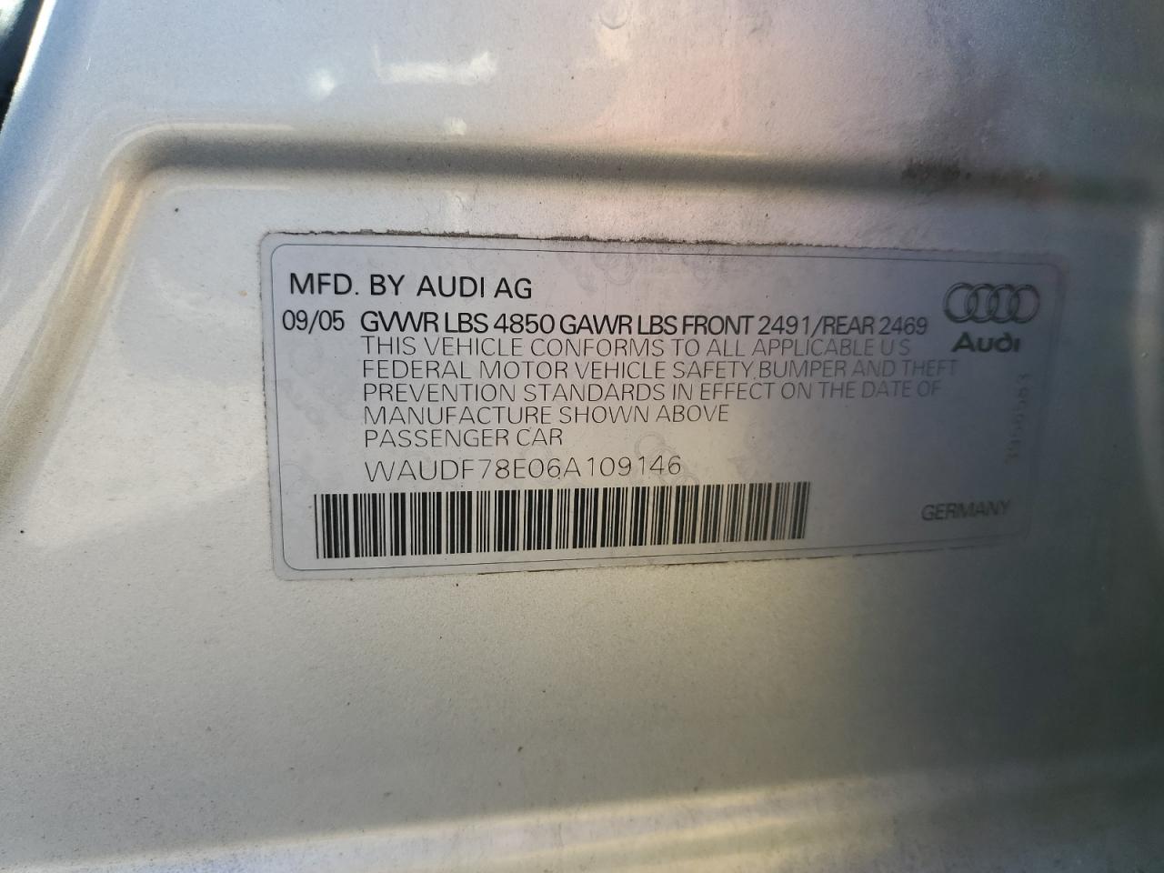 2006 Audi A4 2.0T Quattro VIN: WAUDF78E06A109146 Lot: 84595245