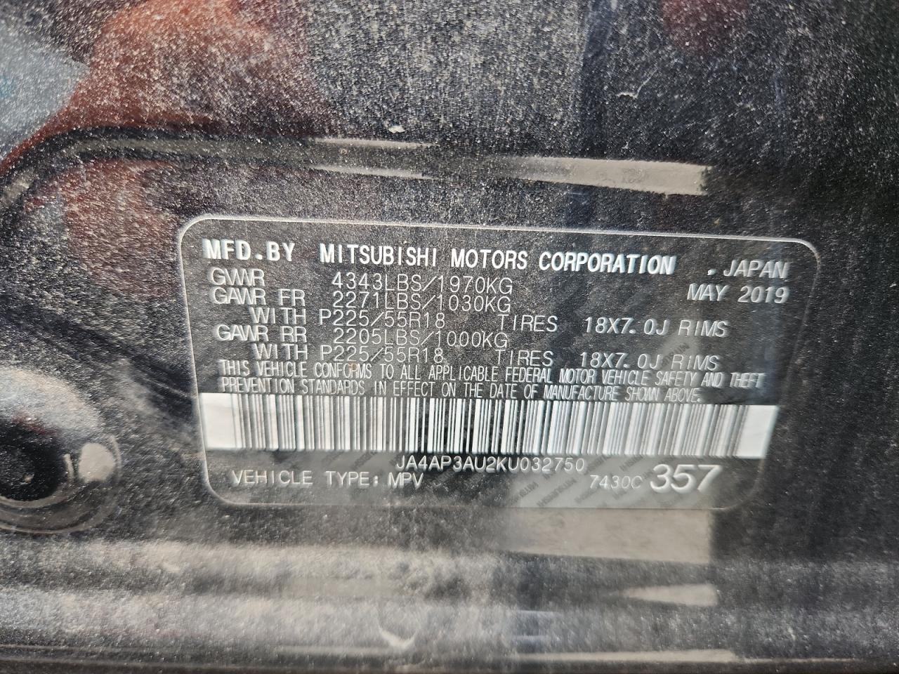 2019 Mitsubishi Outlander Sport Es VIN: JA4AP3AU2KU032750 Lot: 85568755