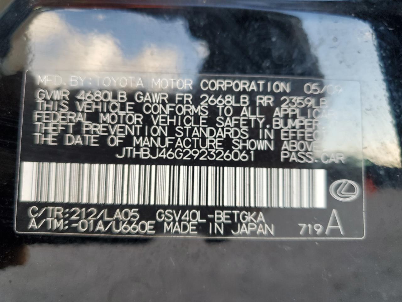 2009 Lexus Es 350 VIN: JTHBJ46G292326061 Lot: 86790125