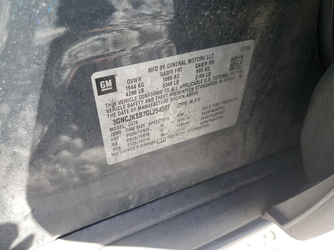 2016 Chevrolet Trax Ls VIN: 3GNCJKSB7GL254507 Lot: 81978155