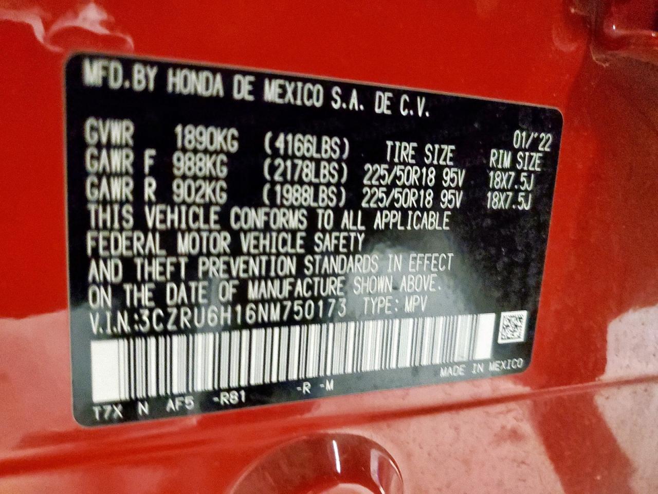 2022 Honda Hr-V Sport VIN: 3CZRU6H16NM750173 Lot: 85362245