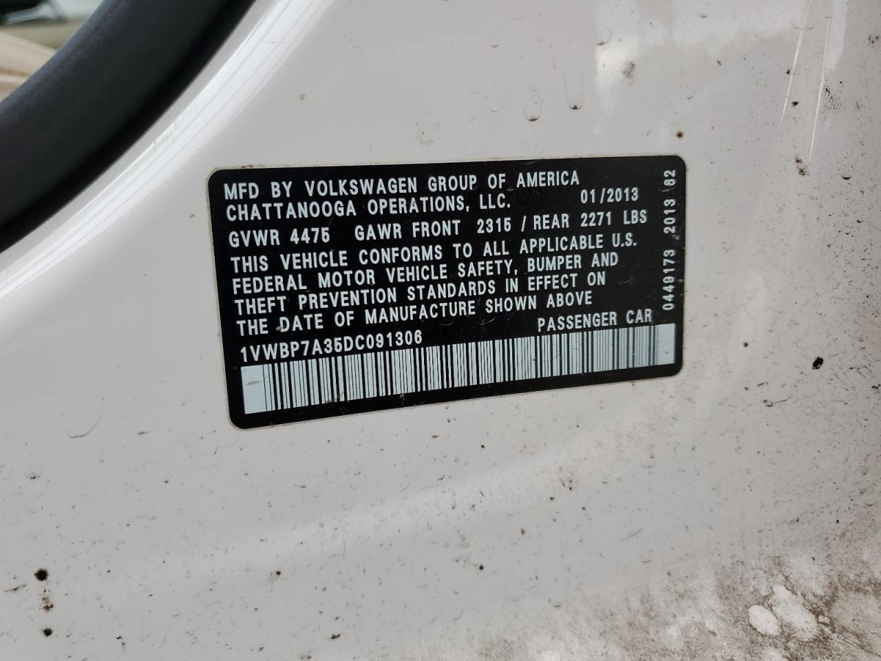 2013 Volkswagen Passat Se VIN: 1VWBP7A35DC091306 Lot: 86765635