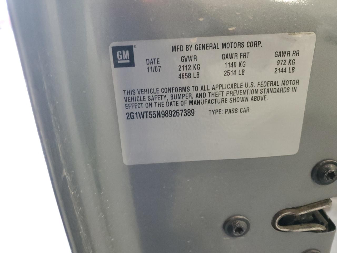 2008 Chevrolet Impala Lt VIN: 2G1WT55N989267389 Lot: 84603655