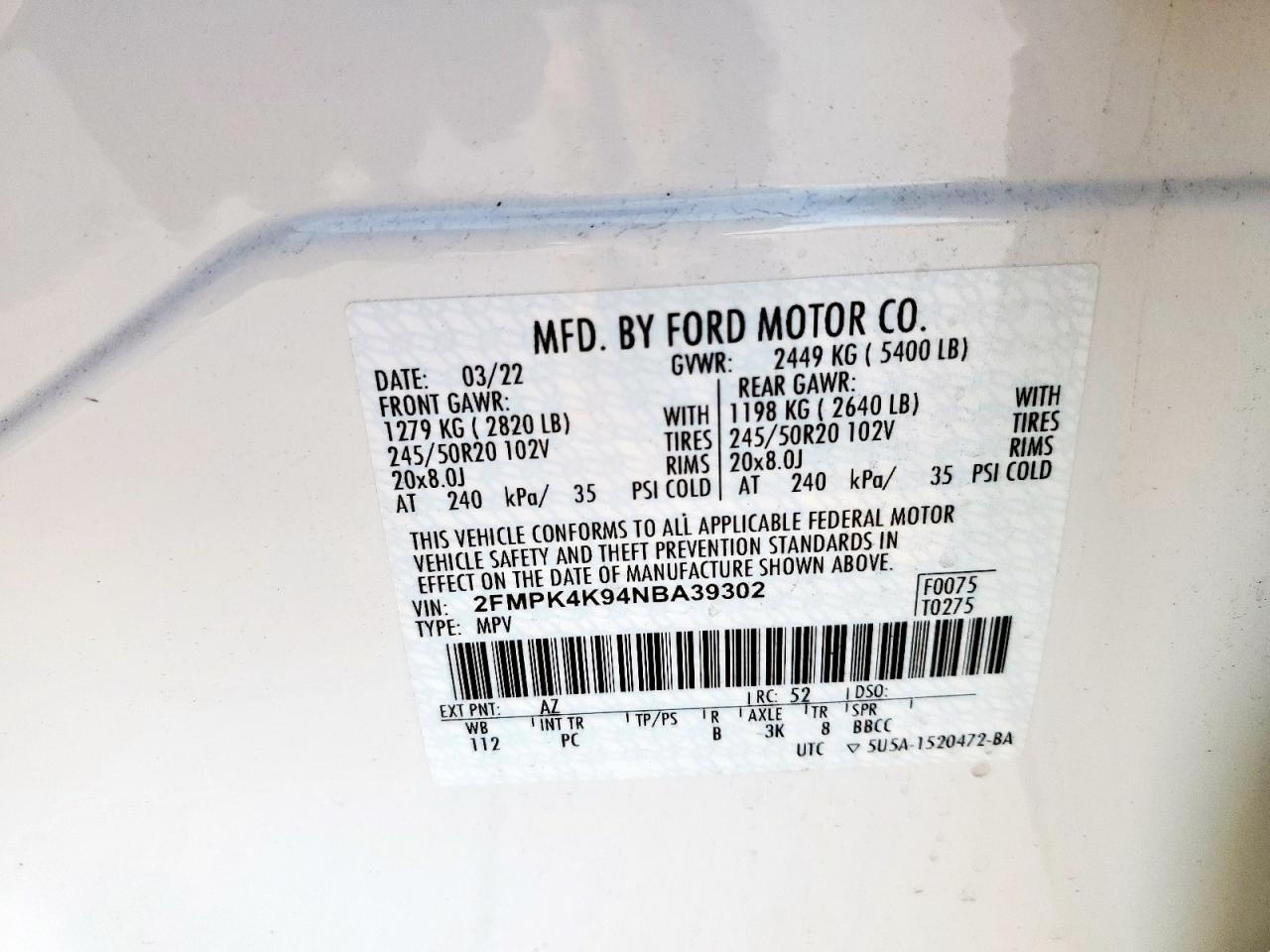 2022 Ford Edge Titanium VIN: 2FMPK4K94NBA39302 Lot: 84944825