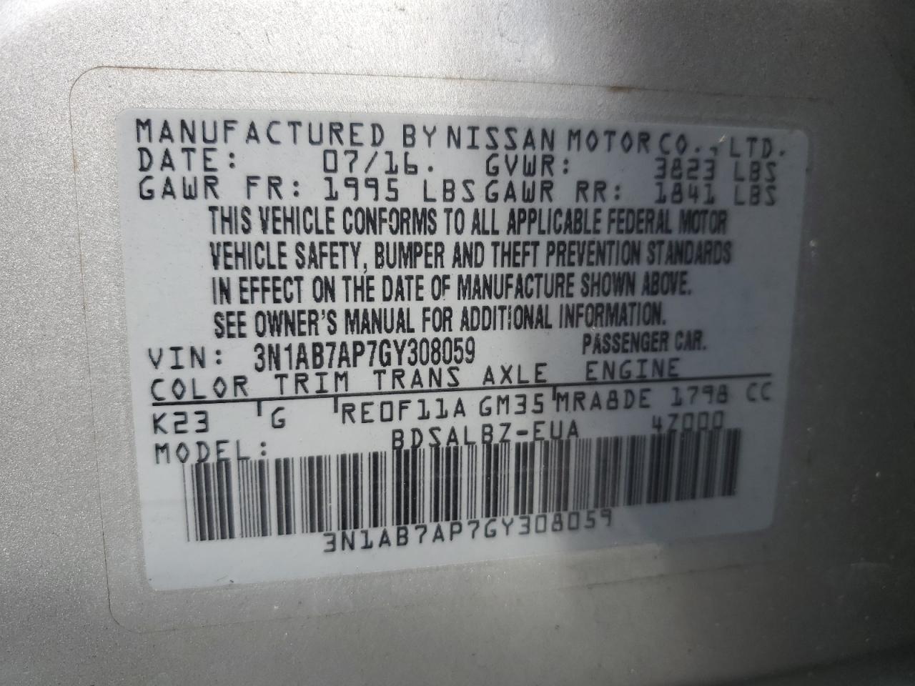 2016 Nissan Sentra S VIN: 3N1AB7AP7GY308059 Lot: 85276105