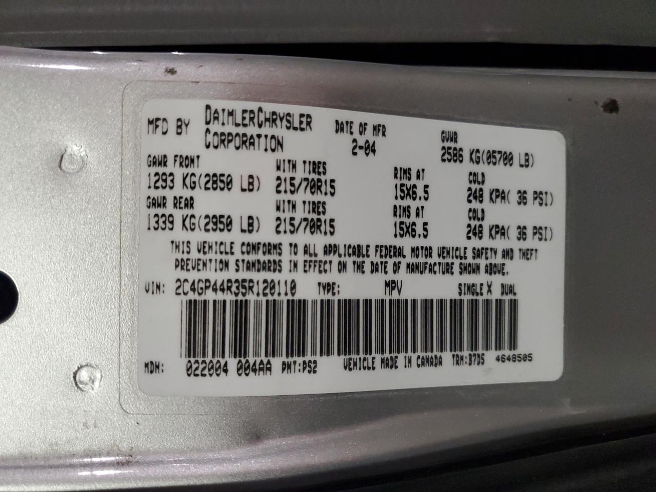 2005 Chrysler Town & Country Lx VIN: 2C4GP44R35R120110 Lot: 86116965