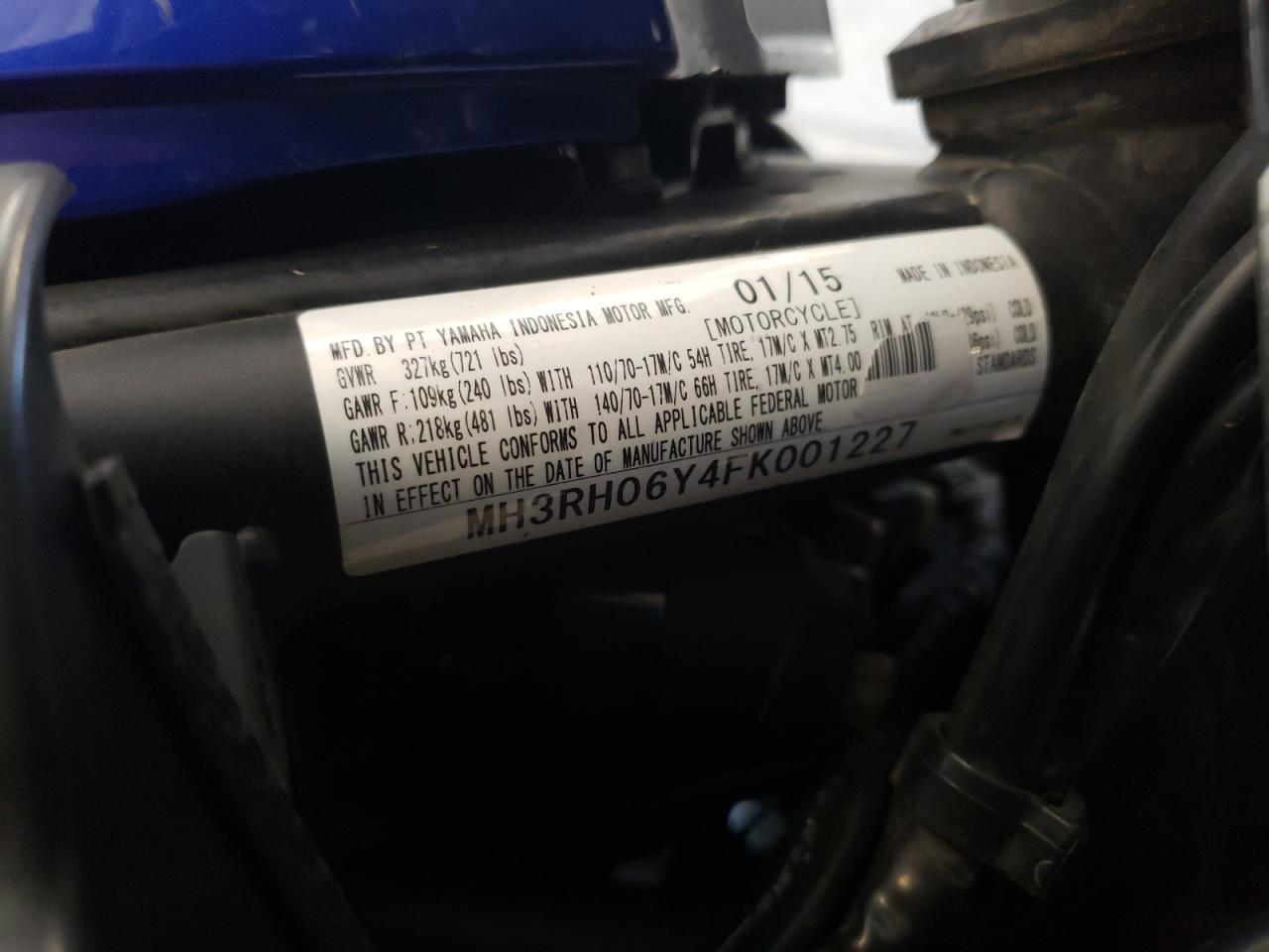 2015 Yamaha Yzfr3 VIN: MH3RH06Y4FK001227 Lot: 85119395