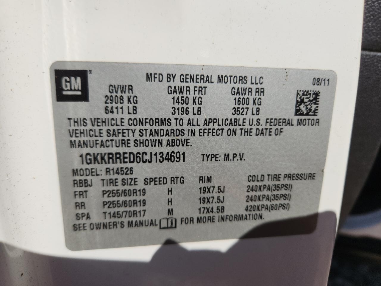 2012 GMC Acadia Slt-1 VIN: 1GKKRRED6CJ134691 Lot: 82434305