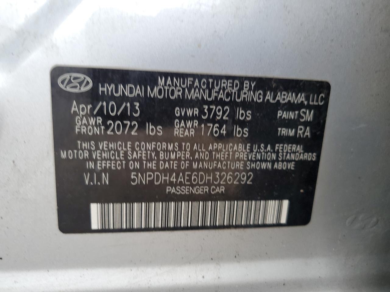 2013 Hyundai Elantra Gls VIN: 5NPDH4AE6DH326292 Lot: 82421785