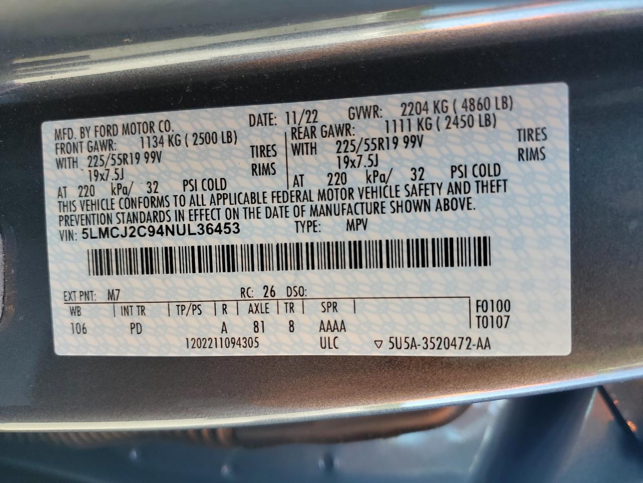 2022 Lincoln Corsair Reserve VIN: 5LMCJ2C94NUL36453 Lot: 81836705