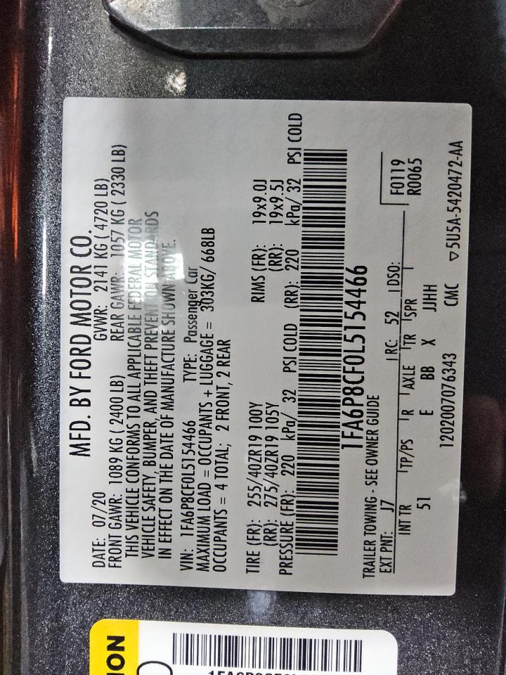 2020 Ford Mustang Gt VIN: 1FA6P8CF0L5154466 Lot: 87013455