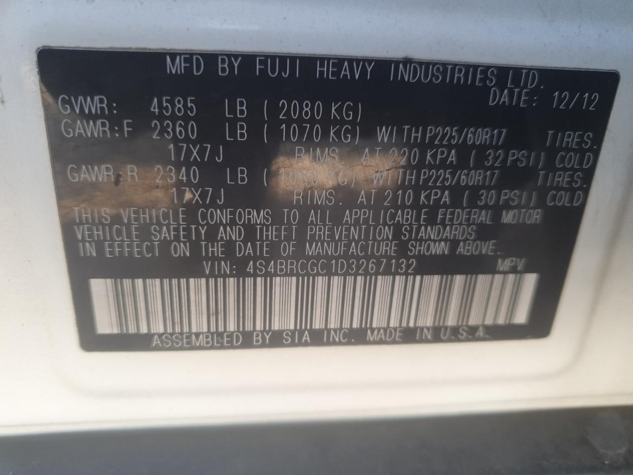 2013 Subaru Outback 2.5I Premium VIN: 4S4BRCGC1D3267132 Lot: 85375275