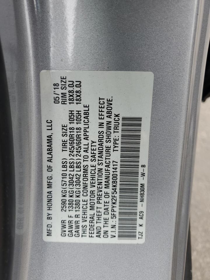 2019 Honda Ridgeline Rtl VIN: 5FPYK2F54KB001417 Lot: 82410965