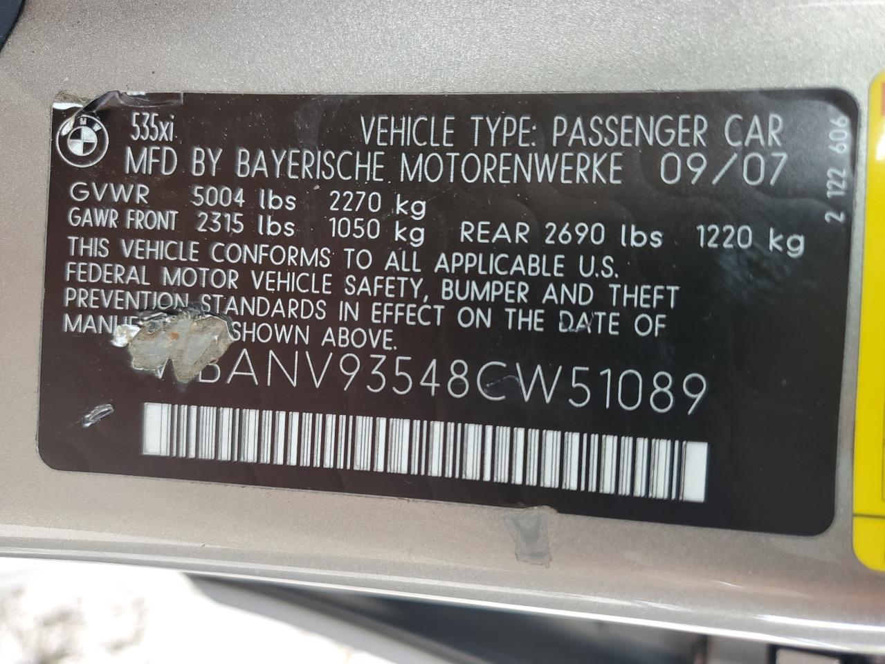 2008 BMW 535 Xi VIN: WBANV93548CW51089 Lot: 90411405