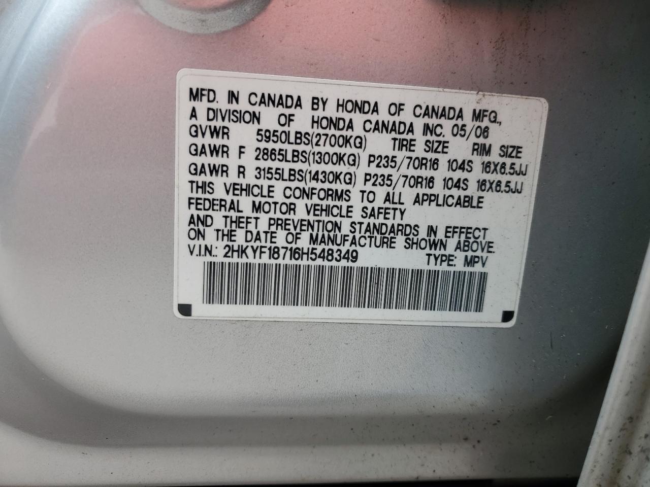 2006 Honda Pilot Ex VIN: 2HKYF18716H548349 Lot: 86426025