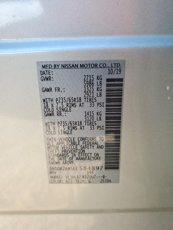 2020 Nissan Pathfinder S VIN: 5N1DR2AM5LC584897 Lot: 85134095