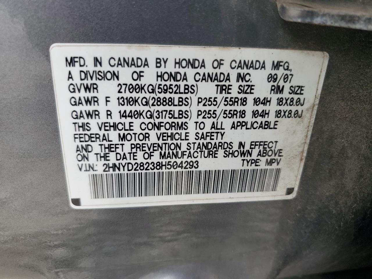 2008 Acura Mdx VIN: 2HNYD28238H504293 Lot: 85525675