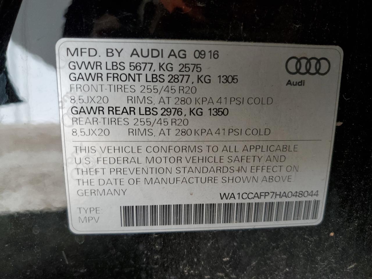 2017 Audi Sq5 Premium Plus VIN: WA1CCAFP7HA048044 Lot: 82376835