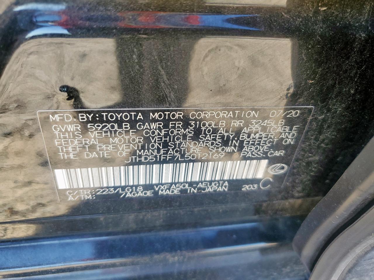 2020 Lexus Ls 500 Base VIN: JTHD51FF7L5012169 Lot: 90853175