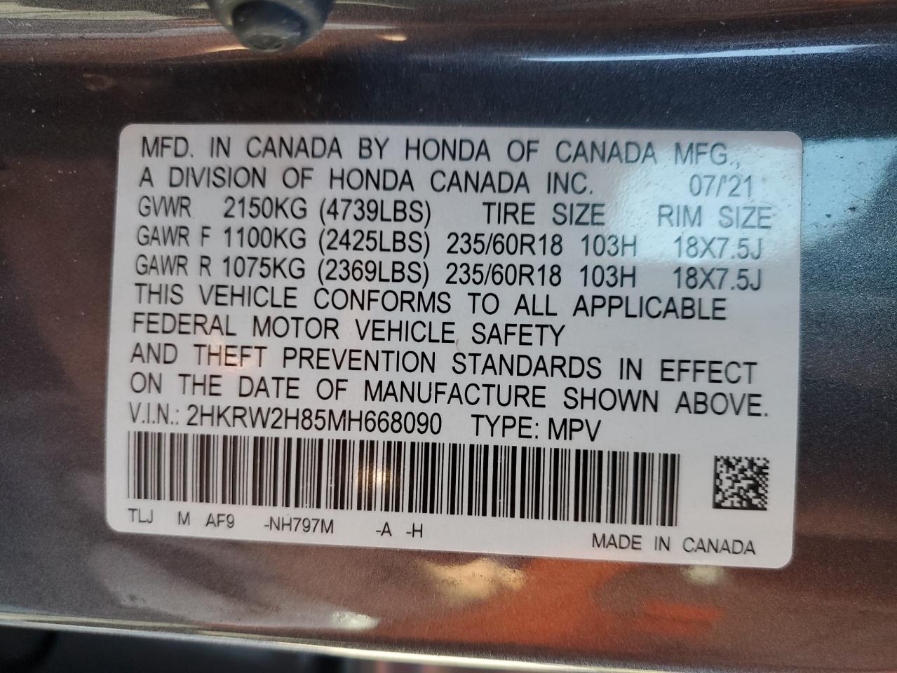 2021 Honda Cr-V Exl VIN: 2HKRW2H85MH668090 Lot: 84019205