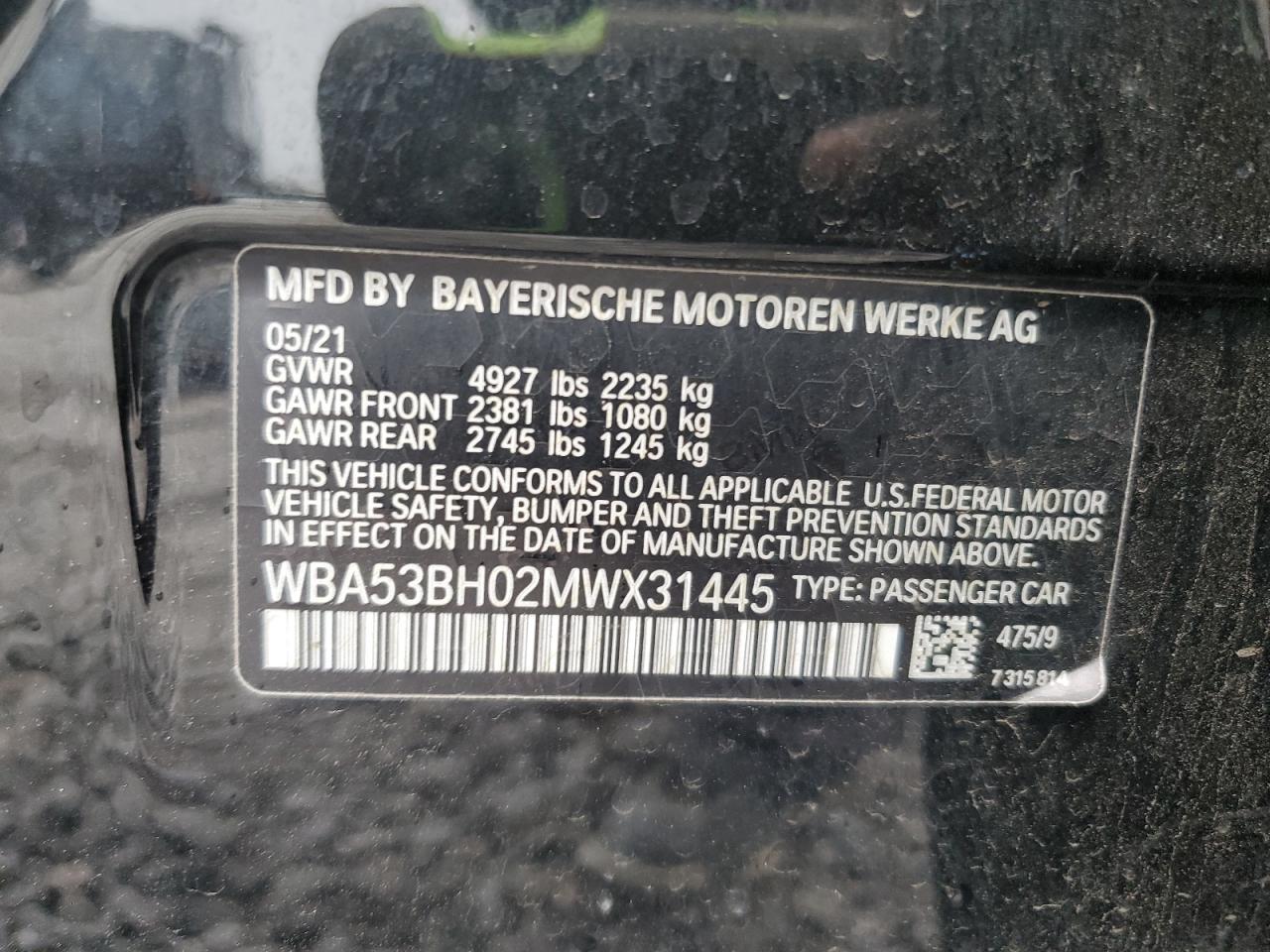 2021 BMW 530 I VIN: WBA53BH02MWX31445 Lot: 85834385