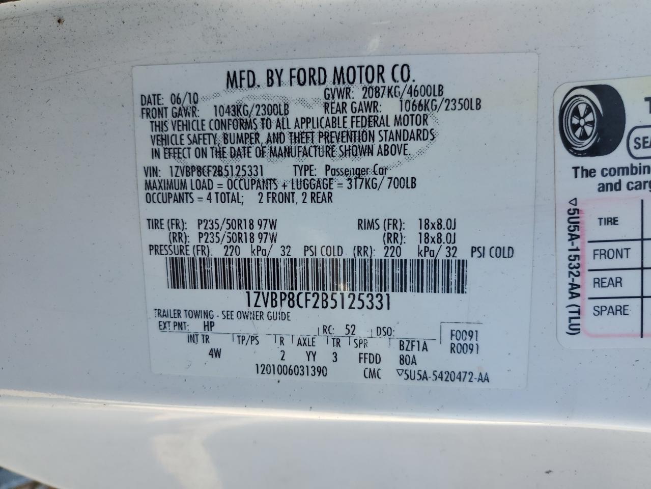 2011 Ford Mustang Gt VIN: 1ZVBP8CF2B5125331 Lot: 87473505