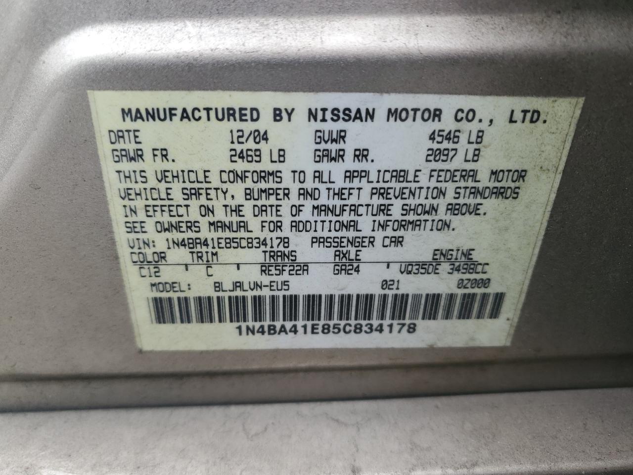 2005 Nissan Maxima Se VIN: 1N4BA41E85C834178 Lot: 90371645