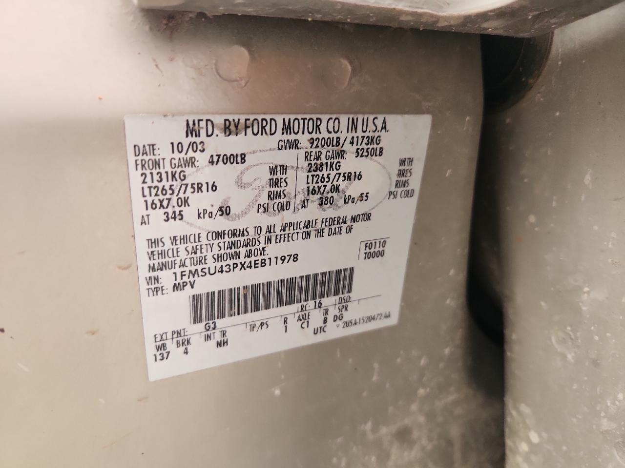 2004 Ford Excursion Limited VIN: 1FMSU43PX4EB11978 Lot: 84804975